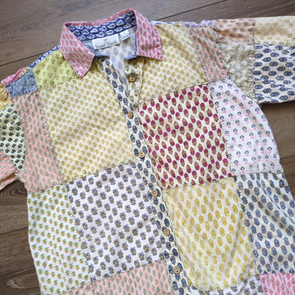 Sacred Threads Patchwork Button Down Shirt Pattern Cotton Block Print Boho Small
